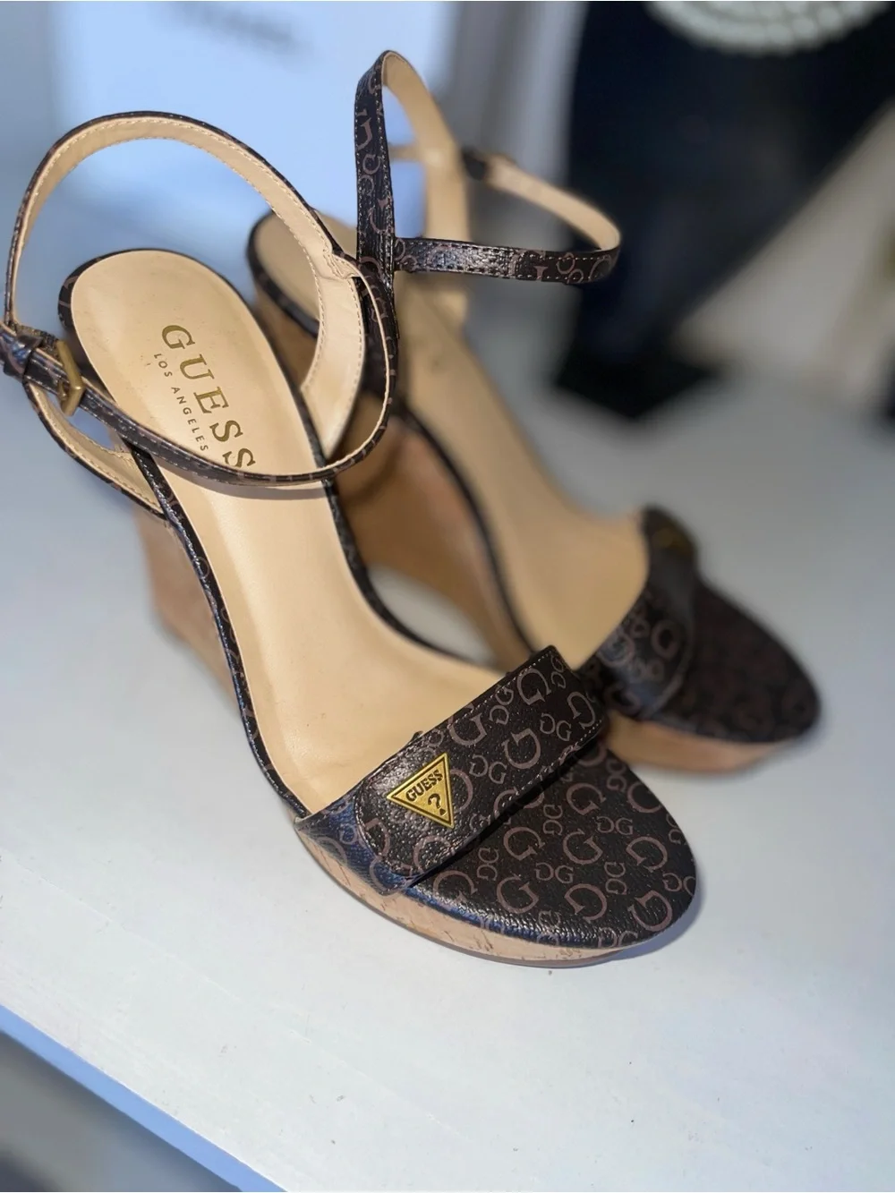 GUESS Brown Logo Cork Wedge Sandals with Ankle Strap